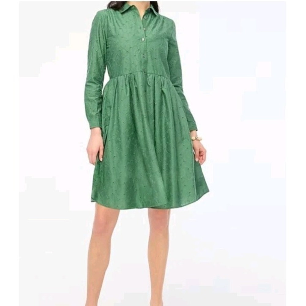 J Crew Eyelet Shirt Dress Womens Plus 16 Green Preppy Classic Cotton Fit Flare
